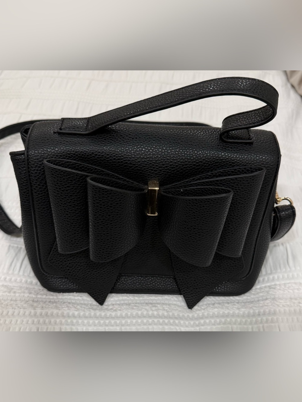 GROSSI Black Pebbled Faux Leather Big Bow Crossbody Satchel Bag